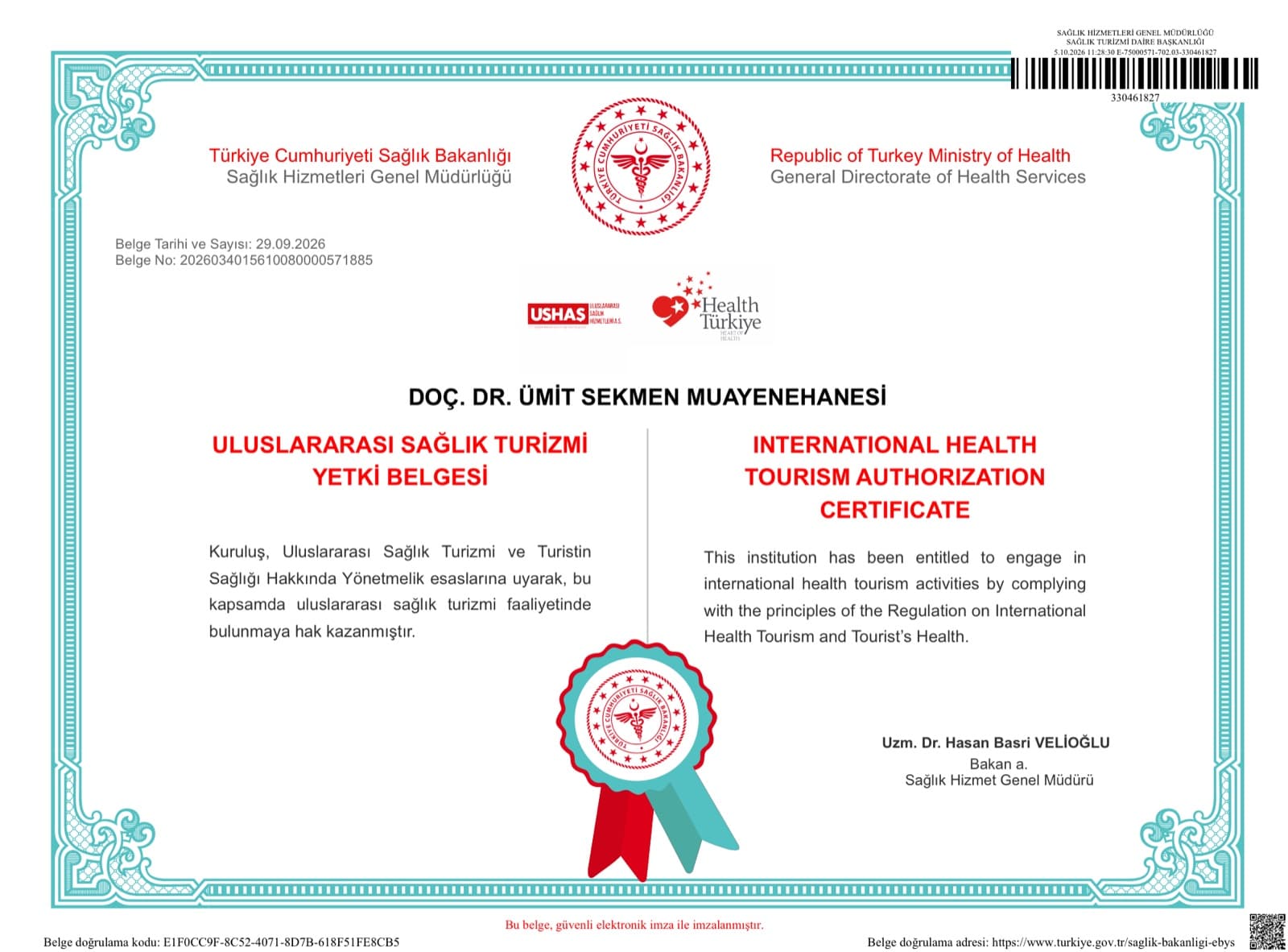 Doç. Dr. Ümit Sekmen Muayenehanesi Uluslararası Sağlık Turizmi Yetki Belgesi